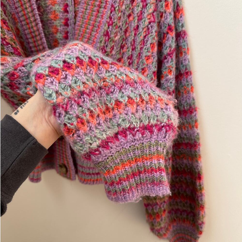 Urban Outfitters Nora Multicolored Cardigan Womens M Pink Purple Crochet Cropped - Picture 7 of 10